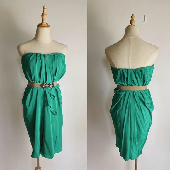 BCBGMaxAzria | Dresses | Bcbgmaxazria Silk Strapless Draped Dress Green |  Poshmark